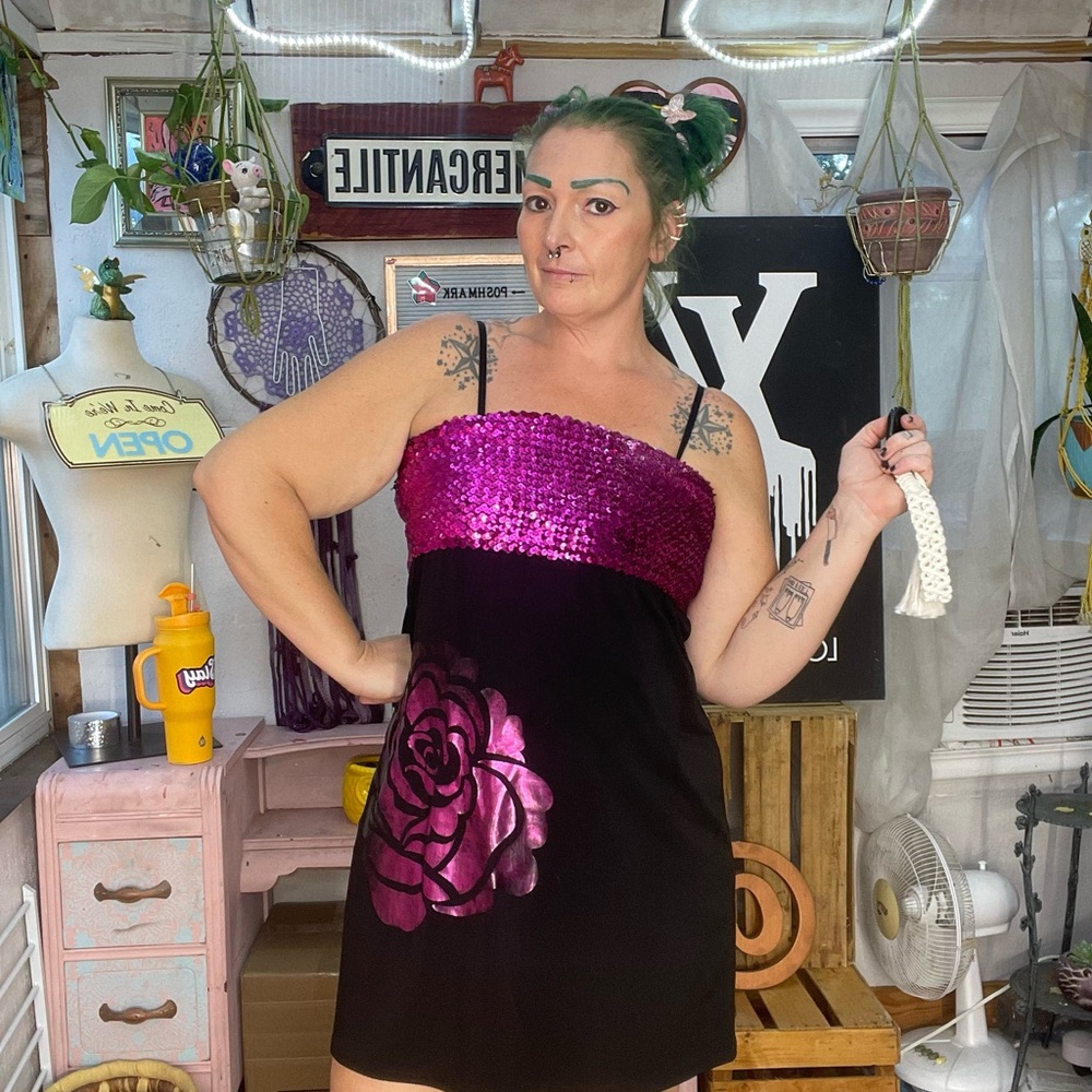Fleurish Pink Rose Sequin Tube  Mini Dress Club Evening Y2K Size Large